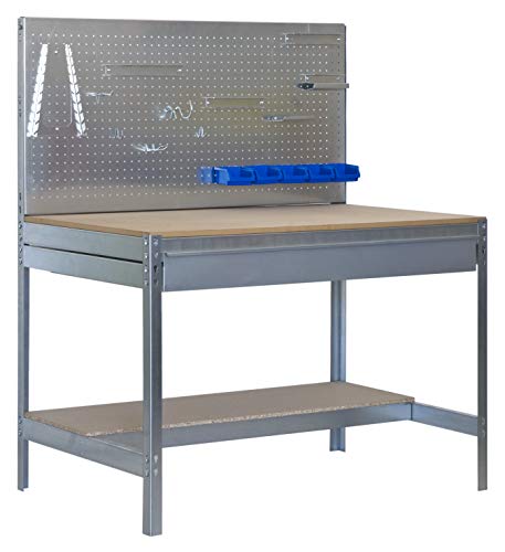 Banco de trabajo BT2 con cajón Simonwork Galva/Madera Simonrack 1445x1510x610 mms - Banco de trabajo con panel - mesa de bricolaje 600 Kgs de capacidad por estante