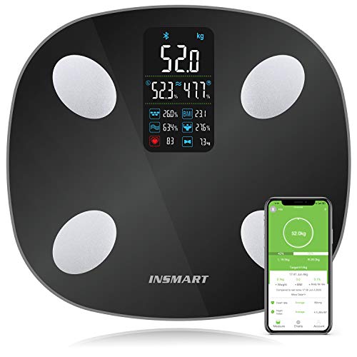 Báscula Grasa Corporal Báscula de Baño,Actualizado Básculas INSMART, Básculas inteligentes digitales Bluetooth con función de frecuencia cardíaca, equilibrio corporal para fitness (180 kg)(Negro)