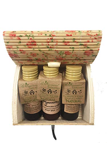 Baúl de flores con cosmética (gel de ducha, champú y bodymilk) Ecologicos y Biológicos para regalar en tus eventos (Pack 24 ud)