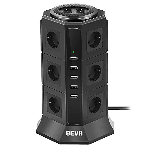 BEVA Regleta Enchufes Vertical de 12 Tomas Corrientes y 5 Rápida USB Tomas, Toma de Corriente con Protección Contra Sobrecargas y Interruptores, Cable de 2M, 2500W/10A