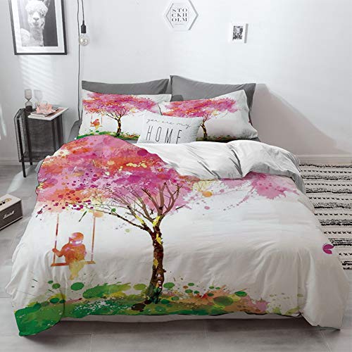 Big horn deer 3 Piezas Bedding Juego de Funda de Edredón,Decoración de Apartamentos, árbol floreciente de Primavera y Dreaming Girl on Swing C,Funda Nórdica Microfibra - Suaves y cómodas,220 x 240cm