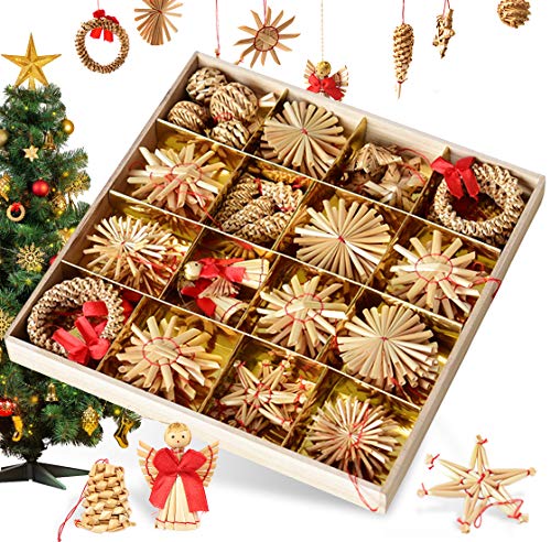 Bluelves Adornos de árbol de Navidad, 56pcs Adornos de Navidad Paja, Decoraciones Ornamentales para Colgar en el árbol de Navidad