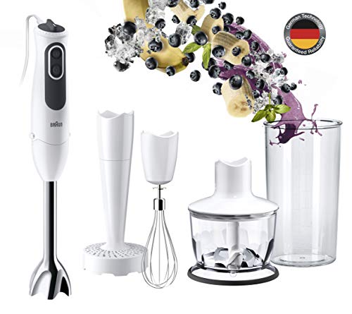 Braun Minipimer 3 Vario MQ3137WH Sauce - Batidora de Mano de 750W con Brazo de Metal, 11 Velocidades, Protección Antisalpicaduras, Powerbell Plus, Paquete de Accesorios Premium, Color Blanco