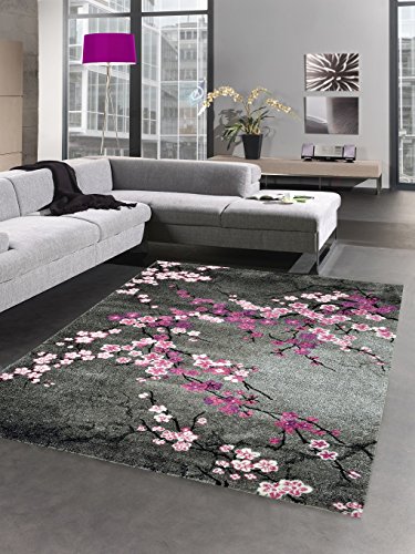 CARPETIA Alfombra DISEÑADOR Pelo Corto Flores Gris Rosa Größe 60x110 cm