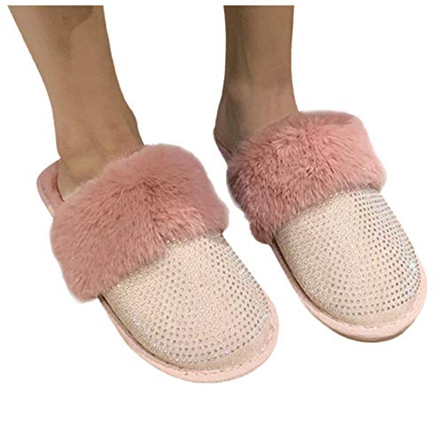 CCLIN Invierno más Terciopelo Mujer Zapatilla Rhinestone Lana algodón cálido Antideslizante casero Zapatillas Cristal Calzado Mujer-Pink,41