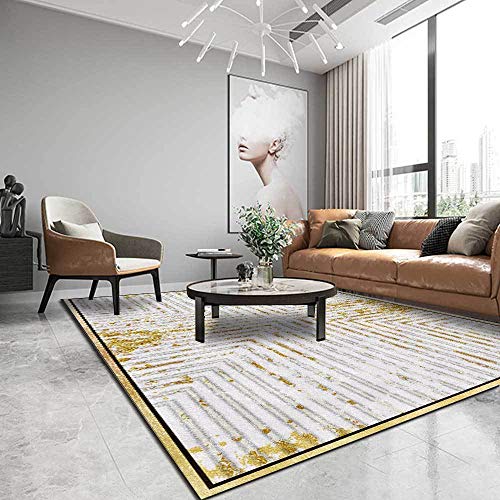 CMwardrobe Salón Dormitorio Alfombra Moderno Pelo Corto Alfombra Resumen luz líneas geométricas Oro Blanco Antideslizantes Alfombras diseño Tapete 110×160CM