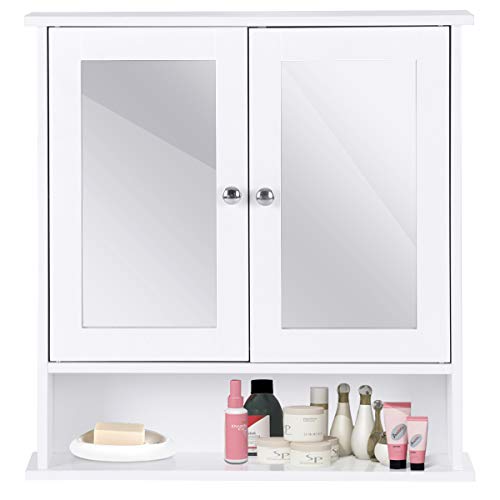 COSTWAY Armario con Espejo de Baño de Pared con 2 Puertas 58 x 56 x13 CM 3 Estantes Almacenamiento para Baño Toalla (Blanco)