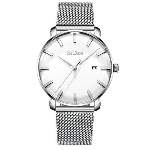 DAUERHAFT Reloj de Pulsera de Cuarzo con Calendario de Correa de Malla para Hombre ultradelgado de 2 Colores Biden, Acero Inoxidable, Resistente al Agua a 30 m Todos los días(Plata Blanca)