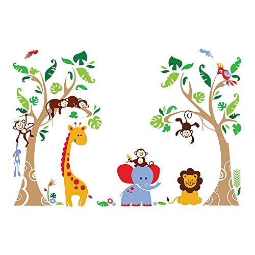 decalmile Pegatinas de Pared Árbol Animales de la Jungla Vinilos Decorativos Infantiles Mono Jirafa Elefante Adhesivos Pared Habitación Bebés Niños Guardería Dormitorio Salón