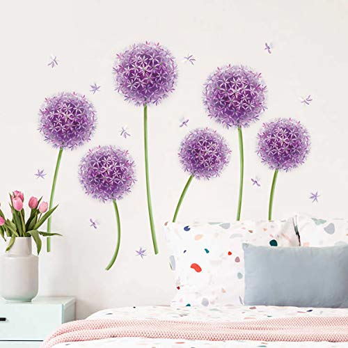 decalmile Pegatinas de Pared Diente de León Púrpura Vinilos Decorativos Flores Allium Adhesivos Pared Infantiles Habitación Dormitorio Salón