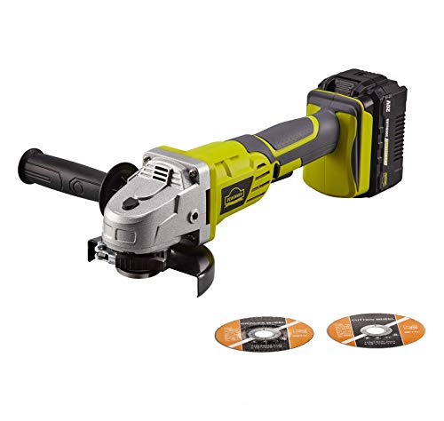 DEWINNER Amoladora Angular, 20V 115mm Herramienta Amoladora,Incluye Batería de 3.0 Ah y Cargador, Ruedas de corte y Rectificado, Mango Lateral para Cortar y Rectificar