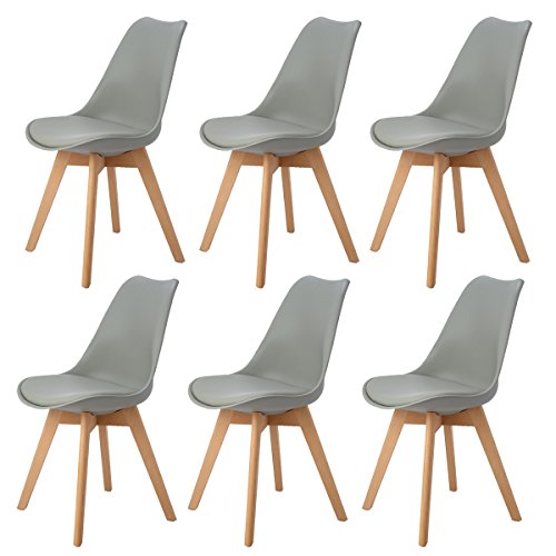 DORAFAIR Pack de 6 Silla de Comedor Silla escandinava, con Las piernas de Madera de Haya Maciza y cojín cómoda, Gris