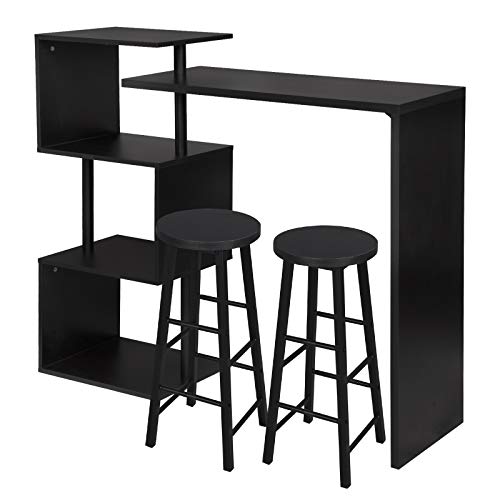 eSituro Juegos de Muebles Altas 1 Comedor Mesa y 2 Taburetes de Bar, Mesa de Bar Giratoria Mesa de Cafetería Barra Cocina con Madera Maciza con 3 Estantes 134x38x112 cm Negro SBST0404+SBST0329-2