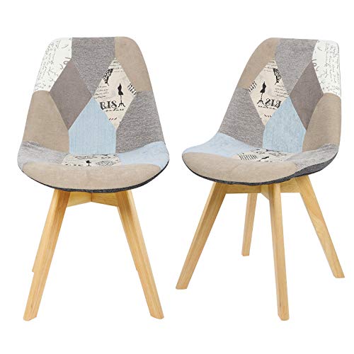 eSituro Silla de Comedor Nórdica Escandinava Estilo Pata de Madera Maciza con Respaldo Silla de Cocina para Cocina Salon Escritorio Pack de 2 Patchwork