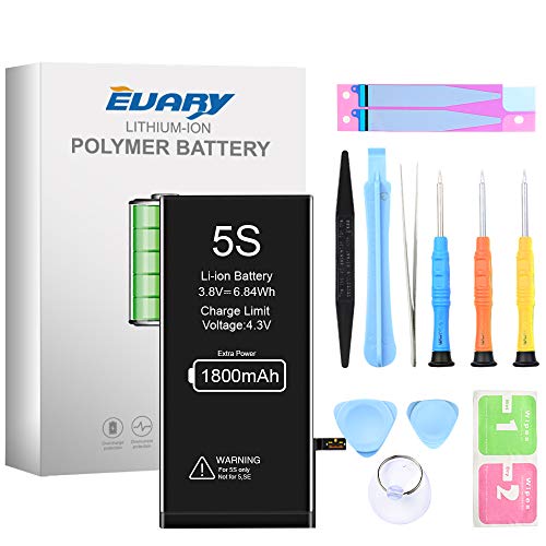 EVARY Batería Recargable para iPhone 5S 1800mAh, batería de Repuesto de Alta Capacidad, con Kit de Herramientas y Kit de reparación de batería, Compatible con iPhone 5S, 2 años de garantía 100%