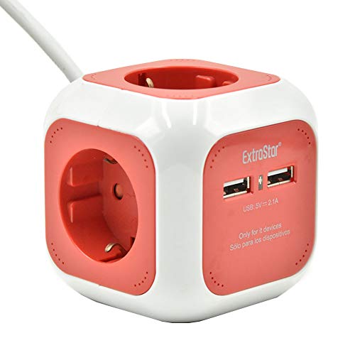 Extrastar PowerCube (Extended USB 1.5 m) Regleta de 4 Salidas, con 2 para Carga de USB 5V (Rojo)