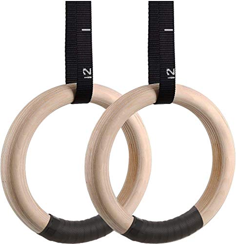 Femor Anillas de Gimnasia, Anillos de Gimnasia de Madera con Correas Hebillas Ajustable, Anillas Entrenamiento Antideslizante, Dia 28/32mm,Carga 300/500kg, para Entrenamiento y Fitness en Casa