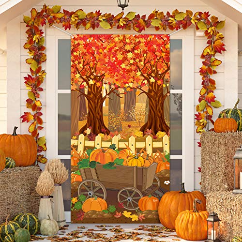 Fondo de Foto de Decoración de Acción de Gracias Cubierta de Puerta de Árboles de Arce Otoñal Fondo de Parche de Calabaza de Cosecha para Decoración de Fiesta Espantapájaros Cosecha Otoño, 6 x 3 Pies