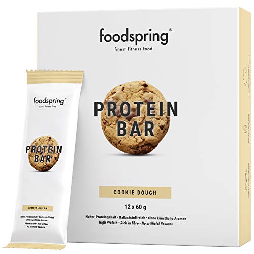 foodspring Barritas de Proteína, Sabor Cookie Dough (galleta), Pack de 12 x 60g, Sin azúcar añadido, Baja en carbohidratos, Perfectas para después de entrenar