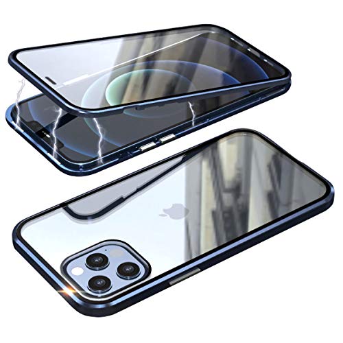 Funda para iPhone 12 iPhone 12 Pro Magnética Carcasa,360 Grados Transparente Case Protector[Doble Cara 9H Vidrio Templado Case][Marco Metal] Ultra-Delgado Anti-choques Estuche,Azul