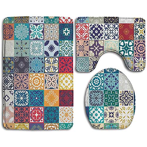 GABRI Patchwork Vintage Lisboa España Túnez Motivos Juego de alfombras de baño de 3 Piezas Alfombrilla de baño Alfombrillas de Cocina Alfombrilla Decorativa para el hogar