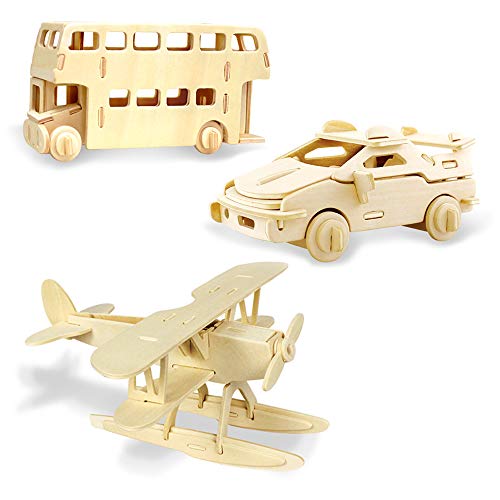 Georgie Porgy Modelos de Animales de Madera en 3D, Kit de Construcción de Artesanía en Madera de Rompecabezas ños de Edad para Niños de 5+ (3 Piezas, Autobús Ferrari Hidroavión)