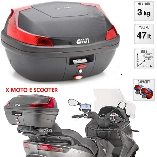 GIVI B47 Blade - Maleta baúl Negro con Relieve de 47 litros de Volumen, catadióptricos Rojos, fijación monólock, Incluye Placa y Kit Universal para 2 Cascos modulares 340 x 445 x 570 mm