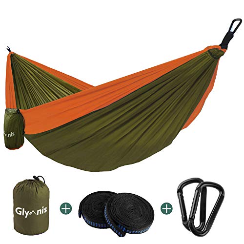 Glymnis Hamaca Ultraligera para Camping y Viaje de Nylon 300kg de Capacidad de Carga Ranspirable y Secado Rápido 275x140cm Kit de Hamaca de Tela 210T Naranja y Verde Oscuro