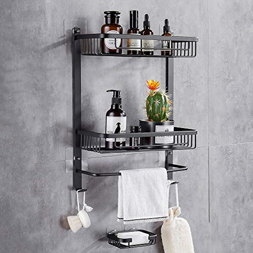 Gricol Estante de Ducha Sin Taladrar en Aluminio Aeronautico Rectangular Estanteria Baño Autoadhesivas Antioxidantes con Jabonera Organizador de Esponja para Baño Cocina 2 Piezas (Negro)