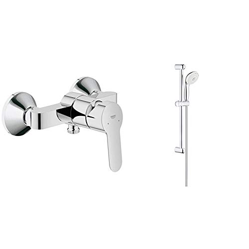 Grohe BauEdgeGrifo de bañoMezclador monomando de ducha, válvula de retención integrada | Cromo | 23333000 + TempestaConjunto de Ducha con Barra, 3 Chorros, Cromo (Ref. 27794001)