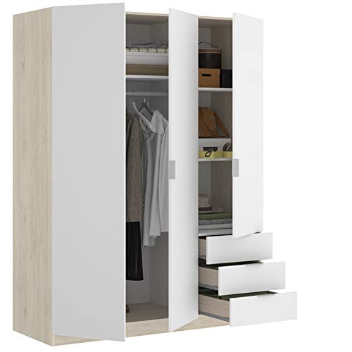 HABITMOBEL Armario Juvenil 3 Puertas + 3 cajones Abatibles 121 cm de Ancho Alto 184cm Color Natural y Blanco