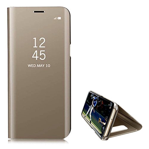 Hancda Funda para Samsung Galaxy J6 2018/J600, espejo, carcasa de plástico duro, con tapa, espejo, función atril, funda de piel fina, para Samsung Galaxy J6 2018/J600, color dorado