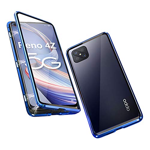 HaptiCover Funda para Oppo Reno 4Z Adsorción Magnética Cubierta de Protección de 360 Grados Marco de Aluminio Vidrio Templado Fuerte Imán a Prueba de Golpes Metal Flip Case Azul