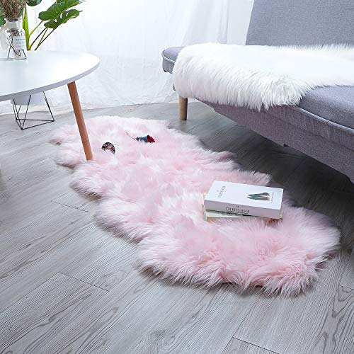 HEQUN Oveja de Piel sintética Felpudo Alfombra Antideslizante Lujosa Suave Lana Artificial Alfombra para salón Dormitorio baño sofá Silla cojín (Rosado, 60 x 160_cm)