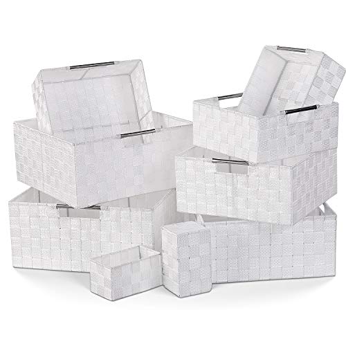 Homfa 9 Cestas Almacenaje Organizador de Cajones Cajas Plásticas con Efecto de Mimbre y Asas para Dormitorio Cocina Oficina Baño Blanco