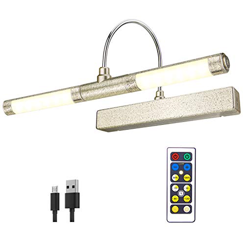 HONWELL Luz inalámbrica para cuadros con control remoto, cabezal de luz LED giratorio con temporizador, luz de pared regulable para pintar cuadros, exhibición de obras de arte, dorado