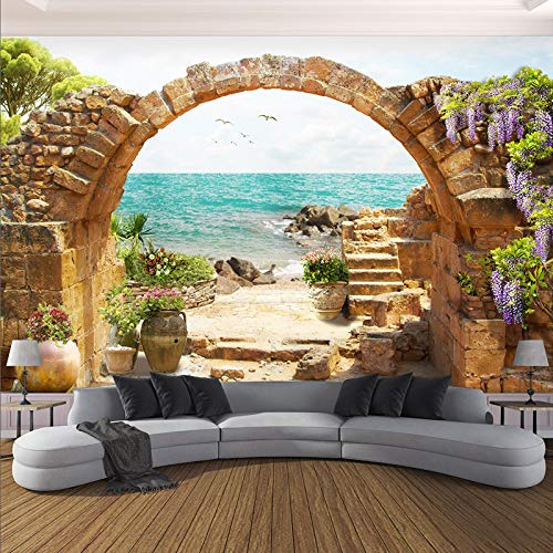 HUIJIE Fotomurales,Personalizado 3D Gran Mural Fondo De Pantalla Jardín De Piedra Arco Vista del Mar Pared De Pintura Sin Costuras Sala De Estar Café Restaurante Decoración, 290Cm(H)×480Cm(W)