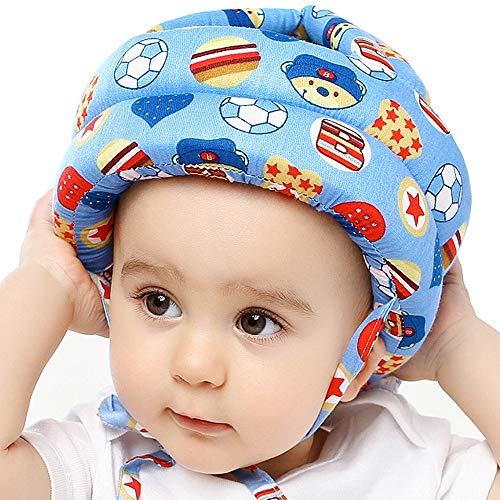 IULONEE Casco de bebé Protector de cabeza infantil Sombrero de protección para niños Casco de seguridad ajustable de algodón (fútbol azul)