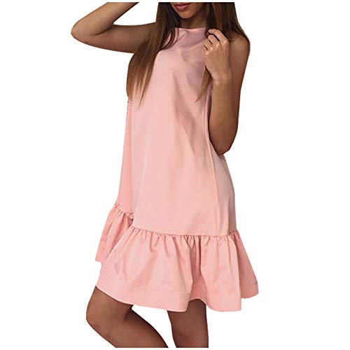 Janly Clearance Sale Vestido para mujer, informal, cuello redondo, color sólido, sin mangas, suave, plisado, para invierno, Navidad, día de San Valentín (rosa-L)