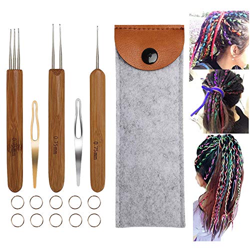 JOZEA 15 piezas Dreadlocks Crochet Hook Set para el cabello, 3pcs Locs Crochet Needle tamaño 0,75 mm Bambusgriff para Braid Needle y 2pcs Interlocking Tools con caso