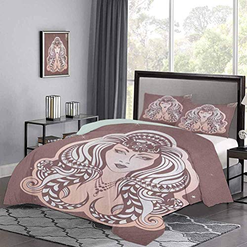 Juego de ropa de cama de con retrato de mujer mitológica con peinado tribal, juego de cama con estampado retro de Virgo femenino sin olor peculiar, tela respetuosa con el medio ambiente, color melocot