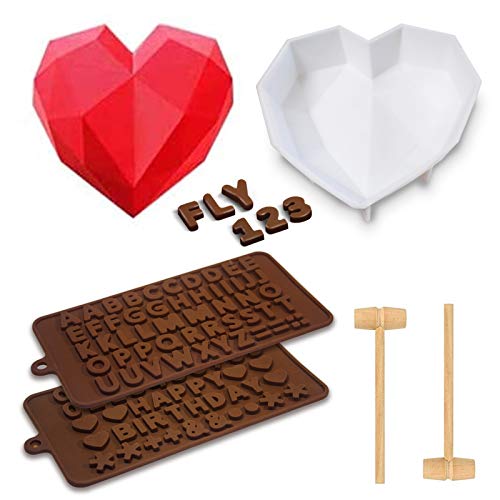 Juegos de moldes de silicona Molde en forma de diamante 3D Amor corazon Molde de letras números Molde para hornear Bandeja de herramientas para hornear hecha a mano con un pequeño martillo de madera