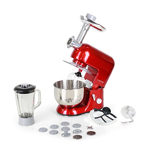 Klarstein Lucia Rossa - Robot de cocina universal, Batidora, Amasadora, Picadora, Licuadora, 5 L, Batido planetario, Cabezal para pasta, Recipiente de acero inoxidable, 1300 W, Rojo