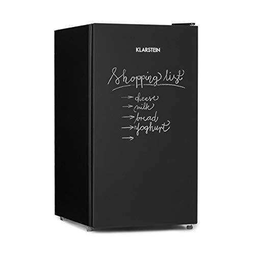 Klarstein Miro Frigorífico - Nevera con puerta rotulable, 91L, 7 niveles de temperatura, Clase A+, Compartimento para verduras, Bisagra de puerta intercambiable, Diseño ZestfulART, Negro