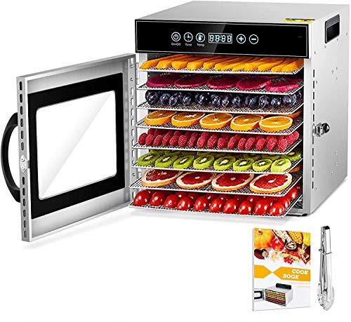 Kwasyo Deshidratador de Alimentos Acero Inoxidable Libre de BPA, Deshidratadora de Frutas y Verduras con Pantalla LCD, Temperatura 30-90℃, Temporizador, Hierbas, Nueces, Yogurt, 8 Bandejas, 400W