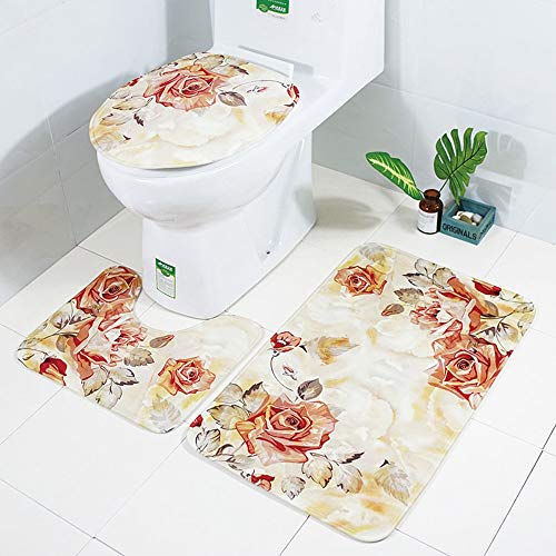 LAOSHIZI Nuevo Alfombrillas de baño Suave Antideslizante alfombras de baño Pétalo de Rosa 3 Piezas Alfombra de Contorno en Forma de U y Cubierta del Asiento del Inodoro Flor de Naranja