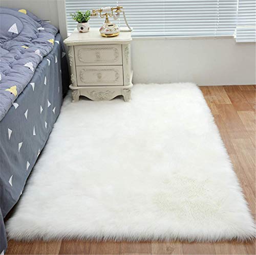 linyingdian Alfombra de Lana Artificial Suave de Lujo Antideslizante, Manta de Lana de Piel Artificial, Utilizada en la Sala de Estar, el Dormitorio, el cojín del sofá del baño (Blanco, 60x90cm)