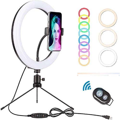 LSEEKA 10" Luz de Anillo,Acero Carbono Trípode,Selfie RGB LED Anillo Soporte y Soporte,32 Colores RGB 3 Modos iluminación para Selfie/Maquillaje Transmisión Vivo Video para Aro De Luz Movil TIK Tok