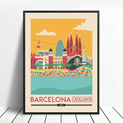 lubenwei Póster de Viaje de Barcelona, ​​Cataluña, España, Impresiones, Pintura en Lienzo, Cuadro artístico de Pared para decoración del hogar del Dormitorio 40x60cm Sin Marco AW-2193