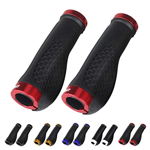 LYCAON Puños de Manillar de Bicicleta, Dos Lados de Bloqueo Antideslizante de Caucho Mango de Bicicleta con Bloqueo de aleación de Aluminio, Agarre de la Bici (Rojo, Ergonomic Grips)